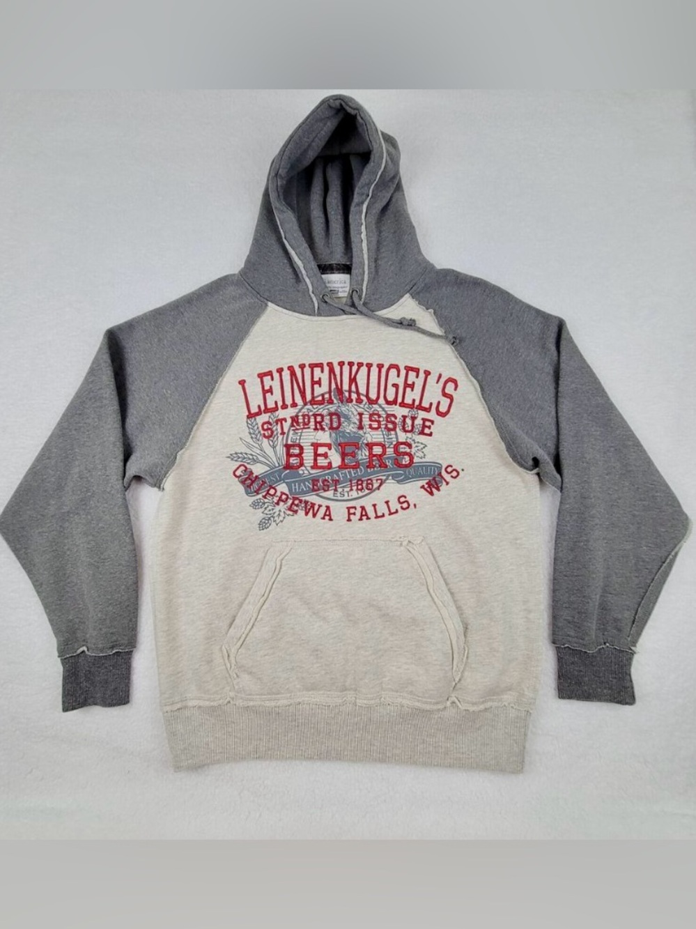 Leinenkugel’s Hoodie Two-Tone Sweatshirt - Cream Gray Red logo Soft Comfy Small